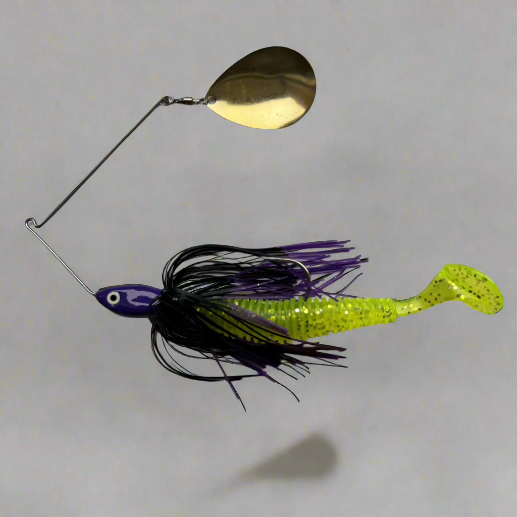 1oz SINGLE ARM SPINNER BAIT - Black/Purple rigged 120 MM RIBBED PADDLE TAIL